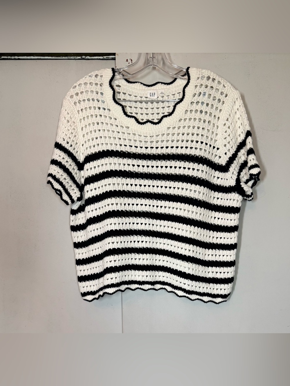 GAP White and Black Striped Crochet Short Sleeve Sweater Top